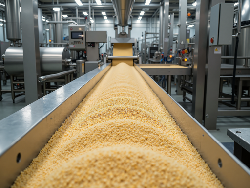 ABS塑料颗粒,浅黄色颗粒状,工业包装袋,现代化生产车间背景