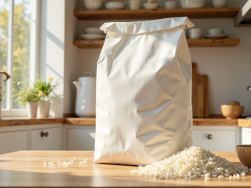 聚丙烯颗粒状塑料原料,白色半透明颗粒,工业包装袋装,工厂仓库背景