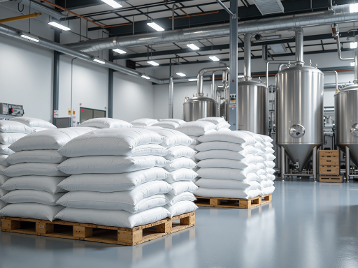 聚苯乙烯塑料颗粒,透明颗粒状,工业包装,明亮工厂车间背景